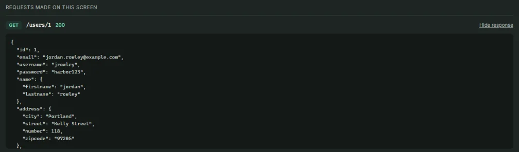 The API inspector showing the GET /users/1 response, which includes a password field