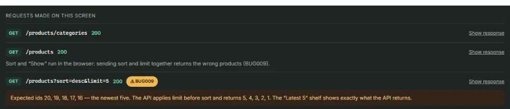 The API inspector listing three requests; the sort=desc&limit=5 request is flagged BUG009 with an explanation of the expected and actual ids