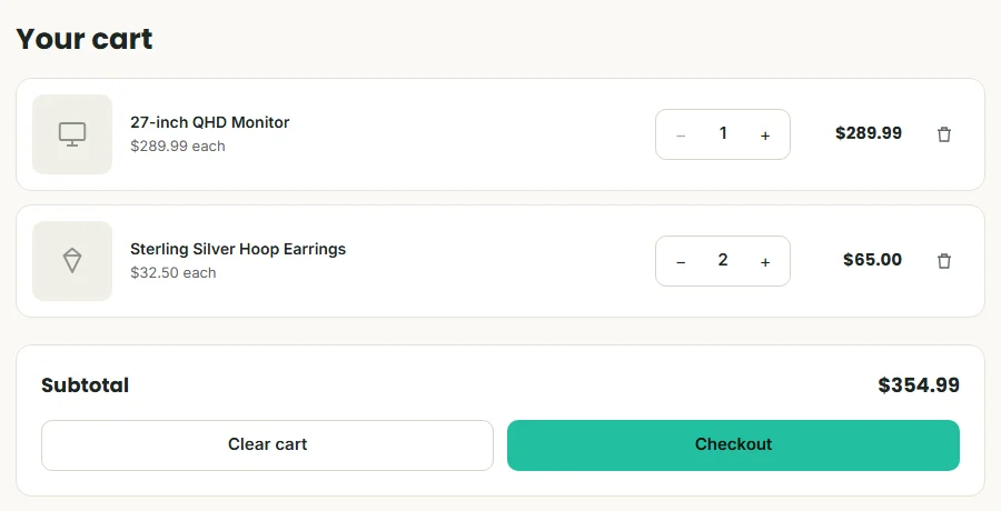 Cart with two products, quantity steppers, line totals, a subtotal of $354.99, and Clear cart and Checkout buttons