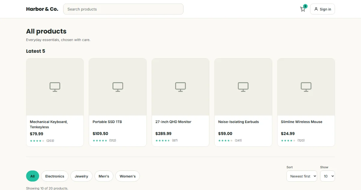 Harbor & Co. catalog: a search bar, a Latest 5 shelf, category chips, and Sort and Show controls above the product grid