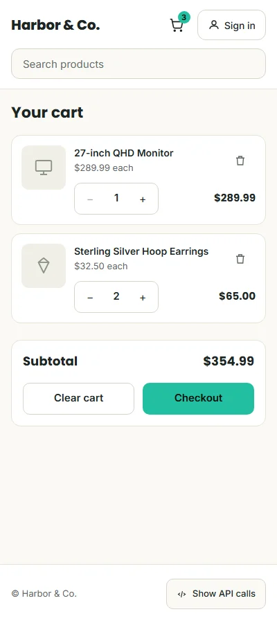 Cart on a phone: each line shows the product, a remove button, the stepper and the line total on two rows