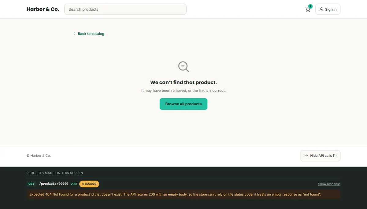 A “We can't find that product” screen with a Browse all products button. The API inspector below shows GET /products/99999 returning 200, flagged BUG008