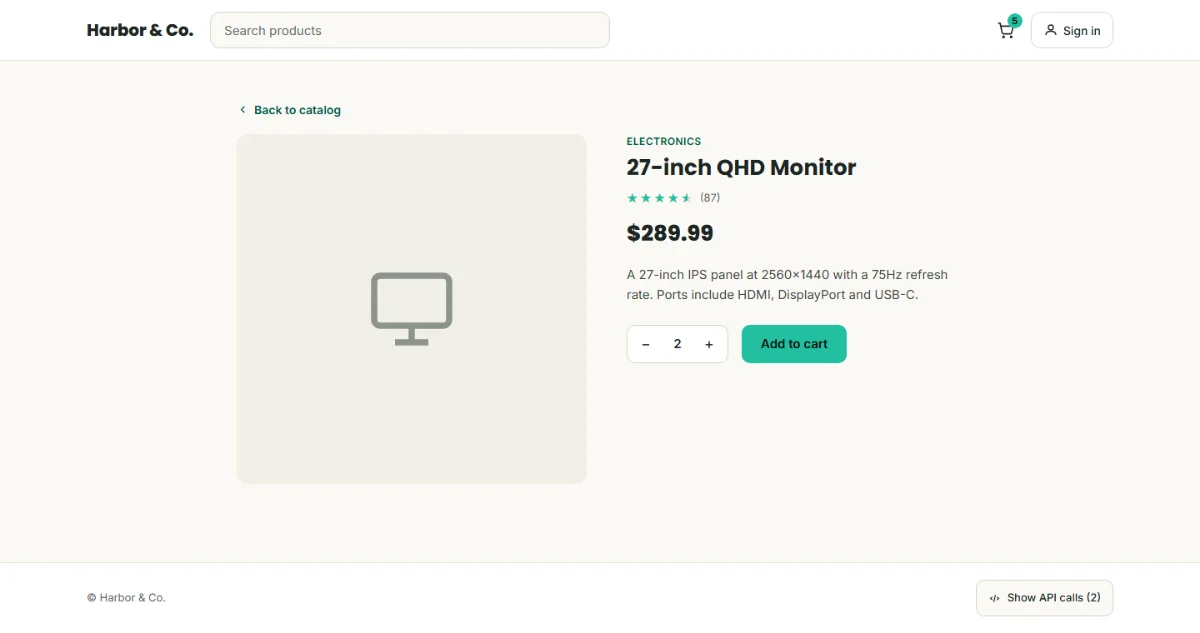 Product page for the 27-inch QHD Monitor: category, title, rating, price, description, a quantity stepper and an Add to cart button