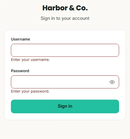 Sign-in form with “Enter your username.” and “Enter your password.” under the two empty fields