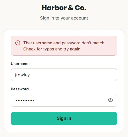 Sign-in form with the alert: That username and password don't match. Check for typos and try again.