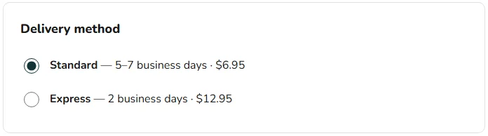 Delivery method: Standard, 5 to 7 business days, $6.95, selected; Express, 2 business days, $12.95