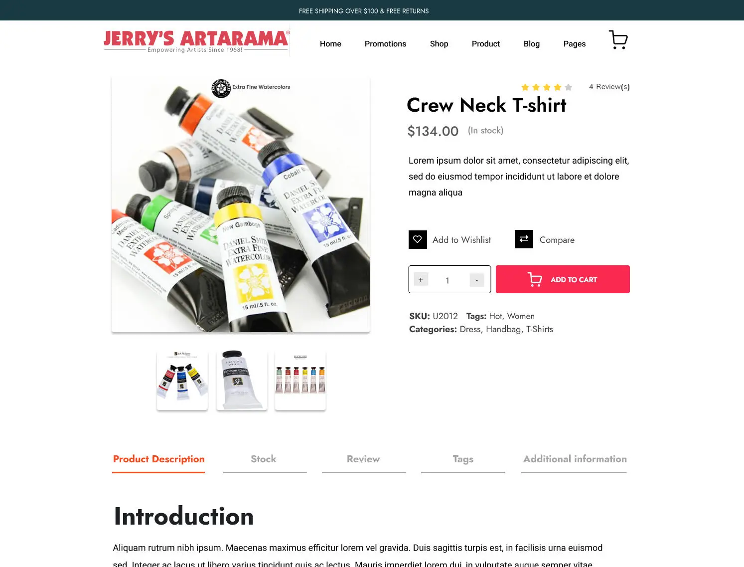 Early-iteration product page with add to cart, wishlist and compare actions