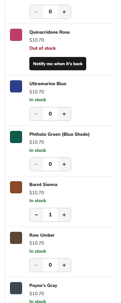 Bulk ordering on a phone, one card per color
