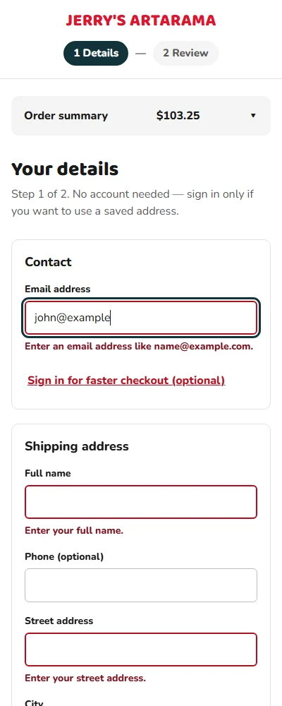 Checkout step 1 on a phone, with the order summary collapsed and field errors shown
