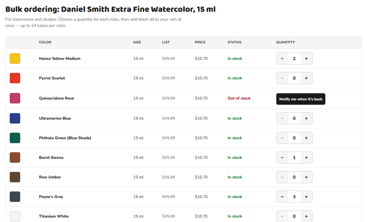 Bulk ordering table with nine watercolor colors, list and sale prices, stock status, quantity steppers and a Notify me button for an out-of-stock color
