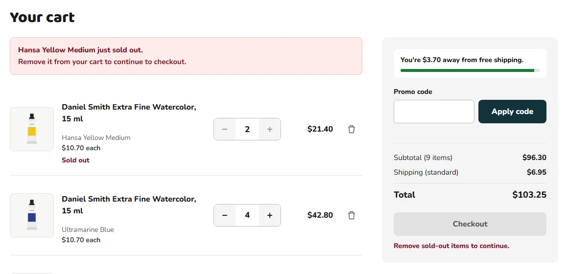 Cart with the alert Hansa Yellow Medium just sold out, the line marked Sold out, and a disabled Checkout button with the note Remove sold-out items to continue