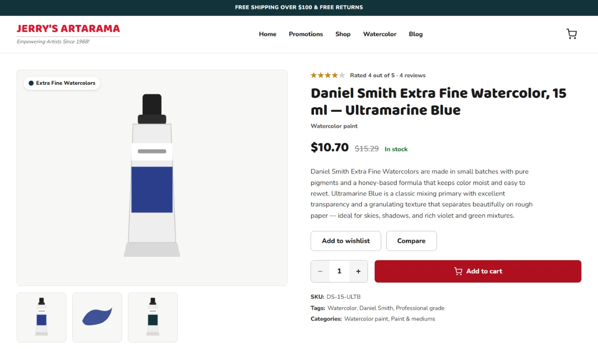 Rebuilt product page for Daniel Smith Extra Fine Watercolor in Ultramarine Blue, with price, stock, a quantity stepper and Add to cart