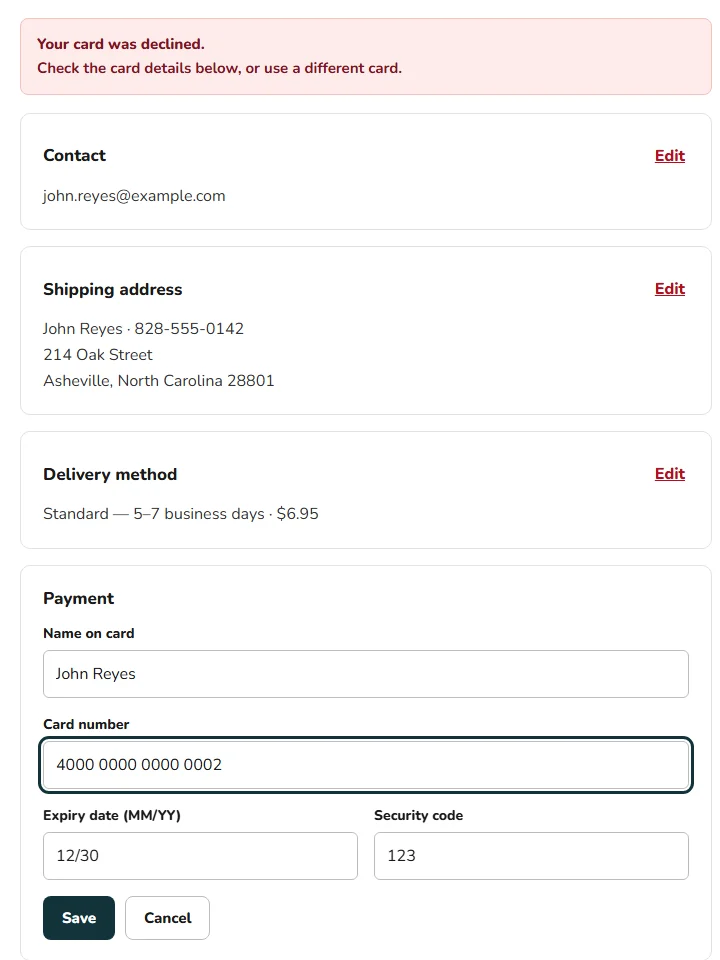 Declined card alert above the review, with the payment block open for editing and the card number field focused