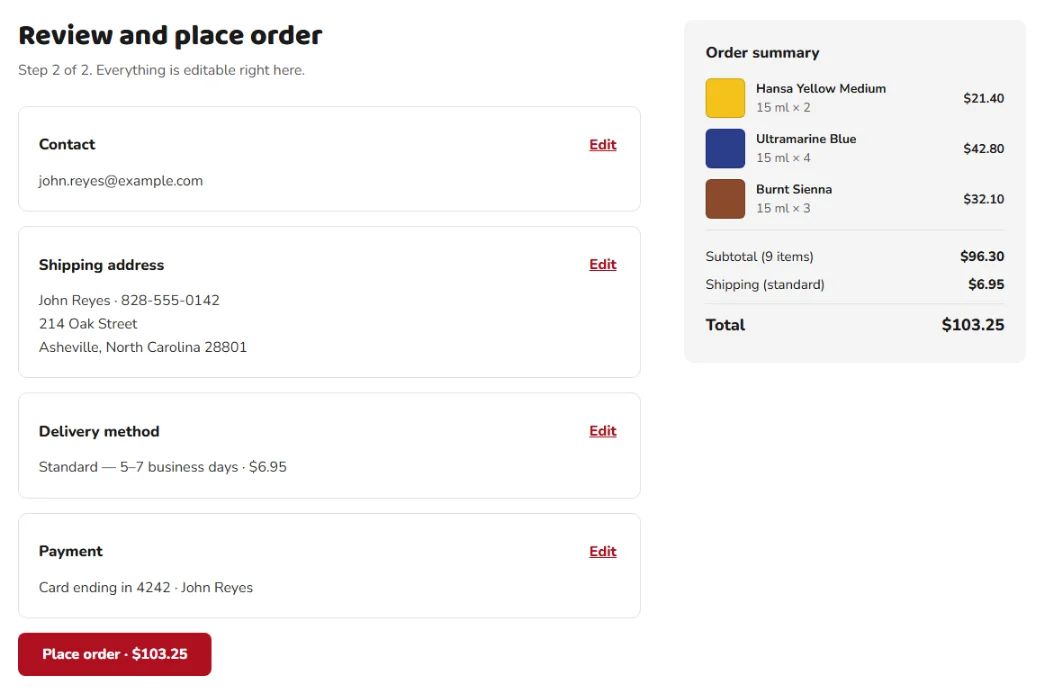 Step 2 of 2, Review and place order: contact, shipping address, delivery method and payment, each with an Edit link, and a Place order button showing the total
