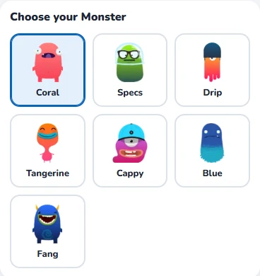 Choose your Monster: seven named monsters — Coral, Specs, Drip, Tangerine, Cappy, Blue and Fang — with Coral selected