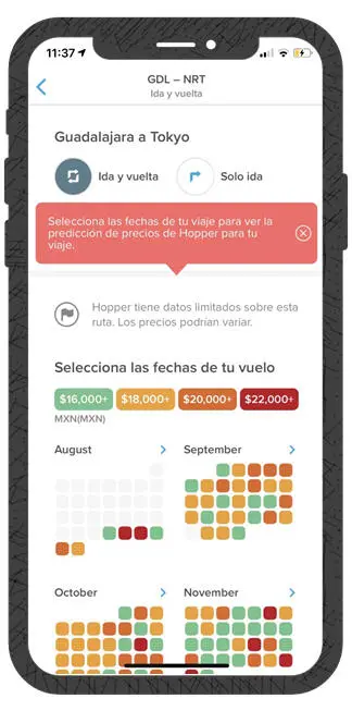 Competitor app screen: flight price calendar