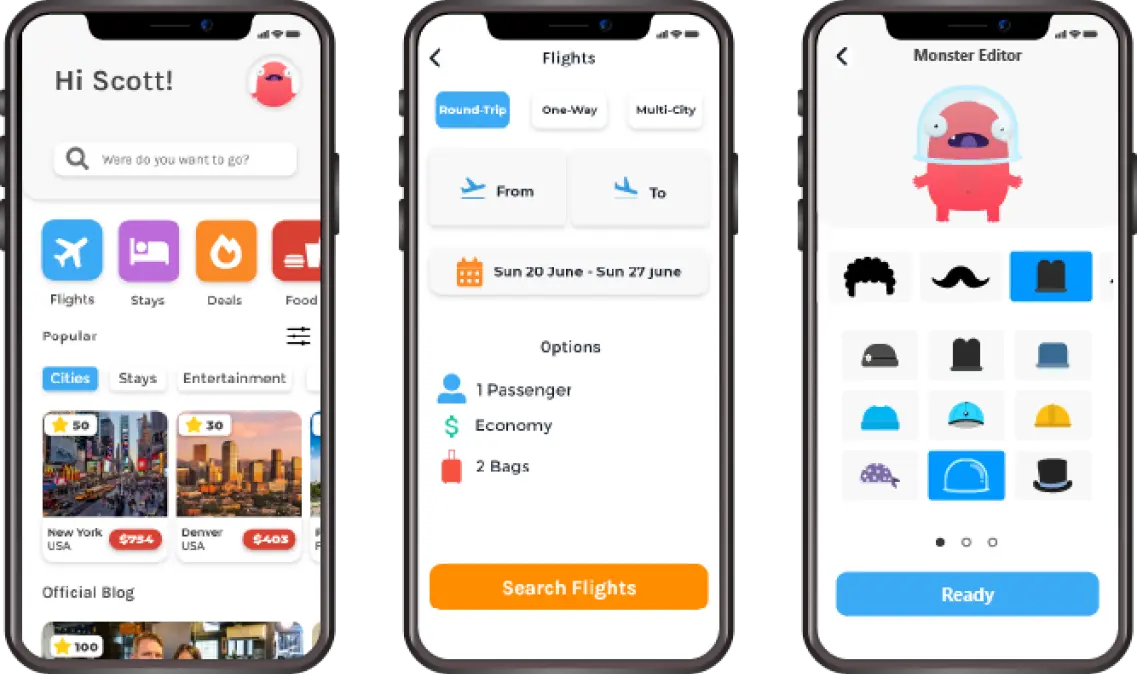 Early-iteration screens: home, flight search and the Monster Editor