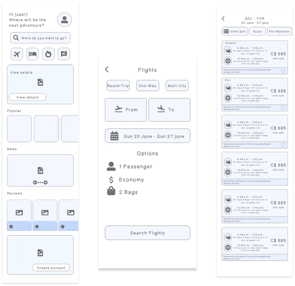 Low-fidelity wireframes: home, flight search and flight results