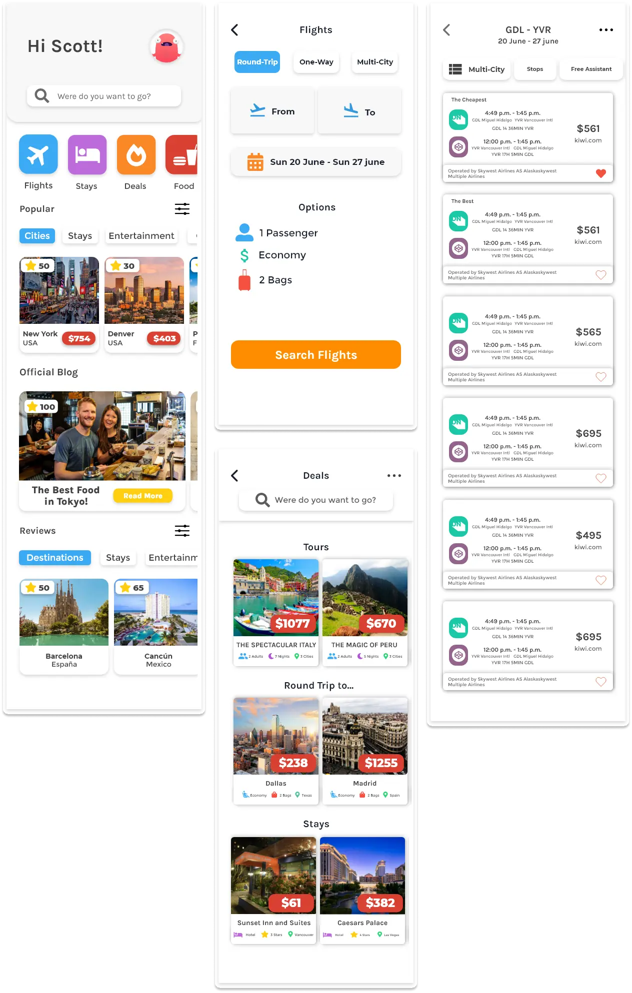 Early-iteration screens: home with popular destinations, flight search, deals and flight results