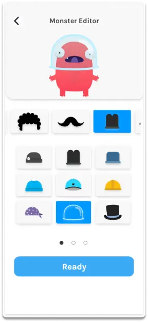 Early-iteration Monster Editor with hats, hair and a mustache to choose from