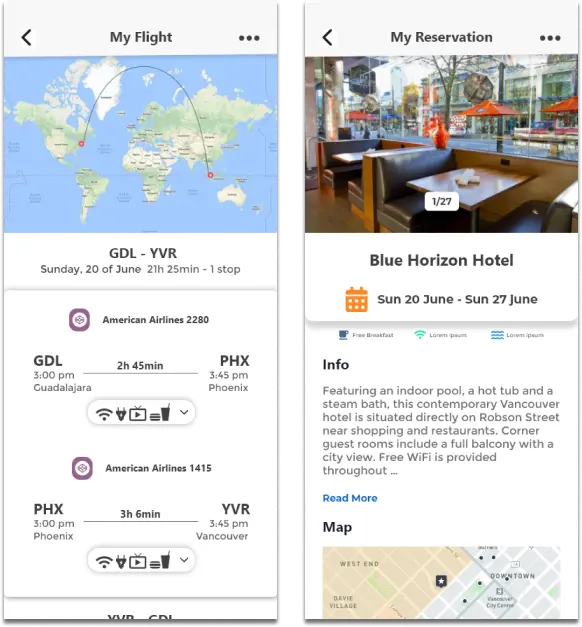 Early-iteration My Flight and My Reservation screens