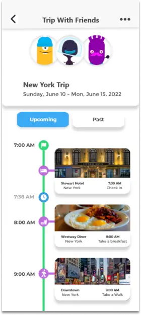 Early-iteration Trip With Friends screen with a shared timeline