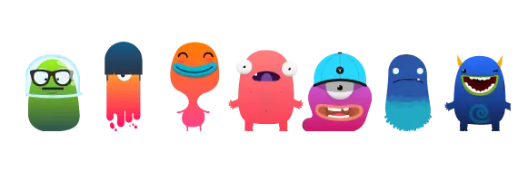 Seven monsters: a green one with glasses, a navy one melting into pink, an orange one smiling, a coral one with big eyes, a magenta one in a blue cap, a blue one with a fringe, and a blue horned one with a toothy grin
