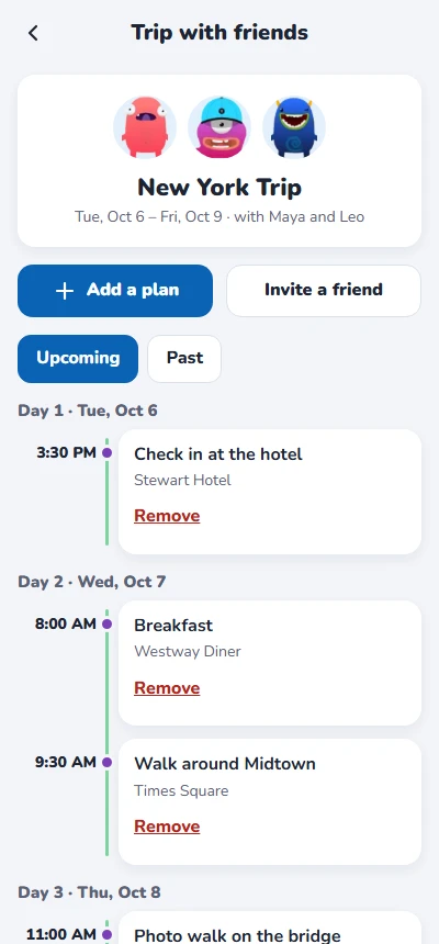 Trip with friends: three Monsters, the New York Trip, and a timeline of plans by day