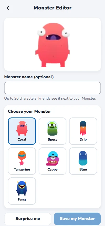 Monster Editor: a large preview of the chosen Monster, a name field, and the seven named Monsters to choose from