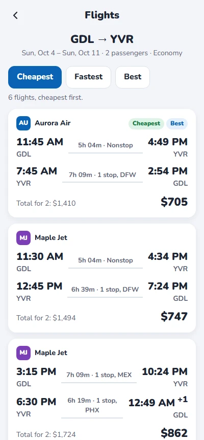 Flight results sorted by price, with Cheapest and Best tags on the first result