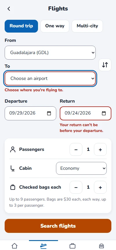 Flight search with two errors: no destination chosen, and a return before the departure