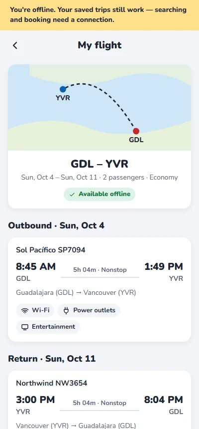 My flight with no connection: an offline banner, the route map, Available offline, and both flights in full
