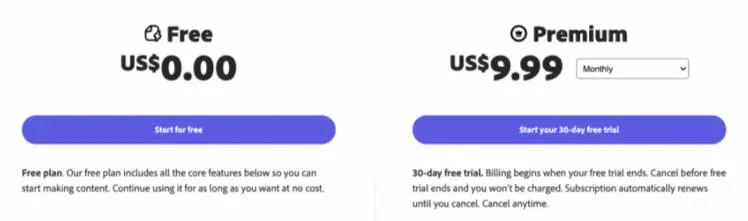 Adobe Express pricing: Free, Premium $9.99 a month