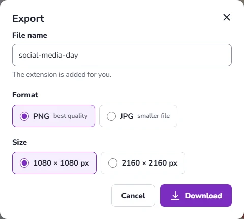 Export dialog: file name social-media-day, format PNG or JPG, size 1080 by 1080 or 2160 by 2160 pixels, and a Download button