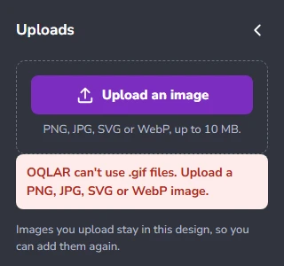 Uploads panel with the message OQLAR can't use .gif files. Upload a PNG, JPG, SVG or WebP image.