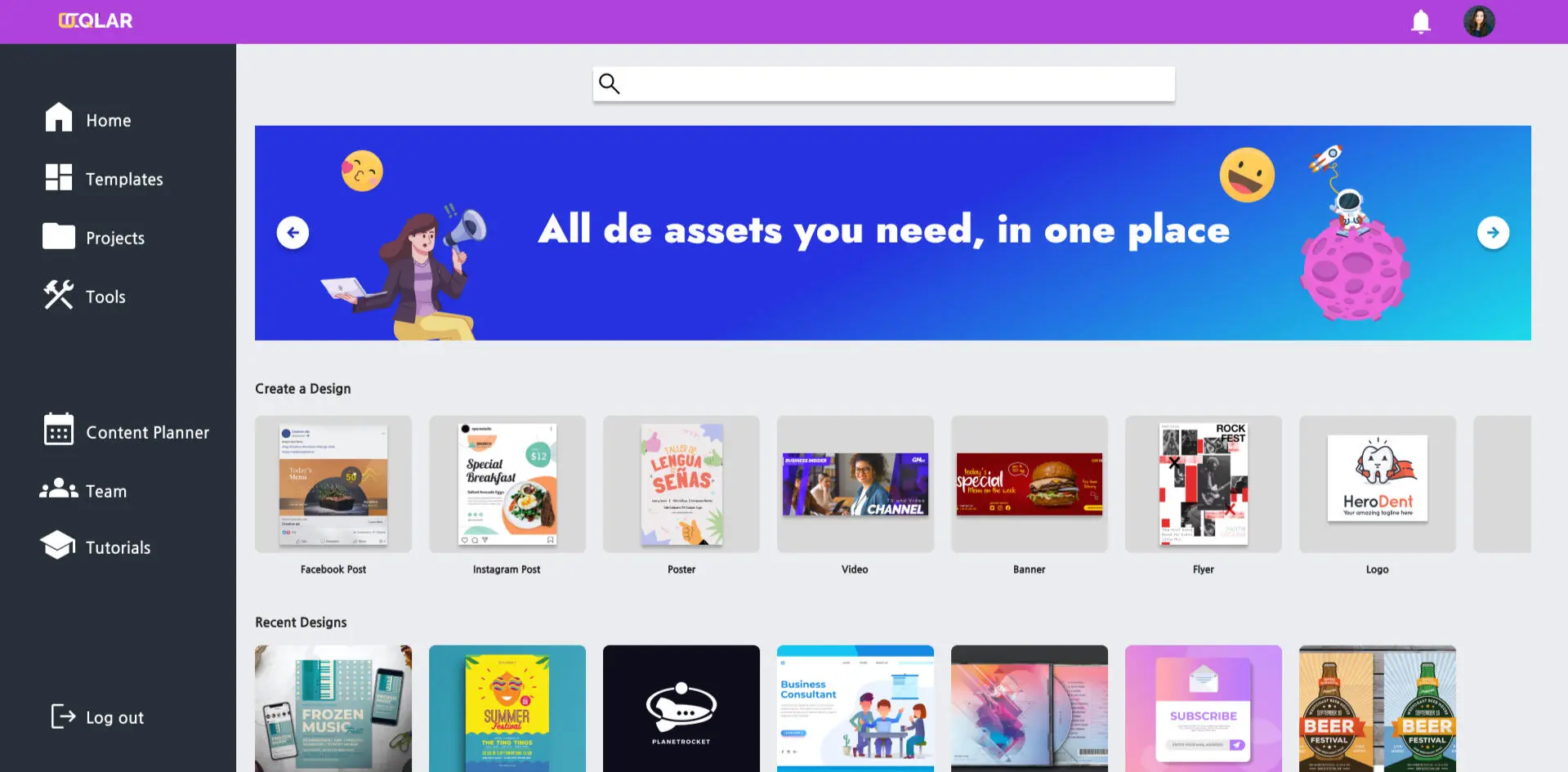Early-iteration dashboard with a banner, Create a Design row and Recent Designs