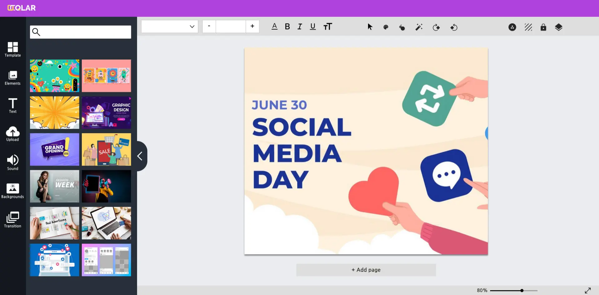 Early-iteration editor with a Social Media Day template