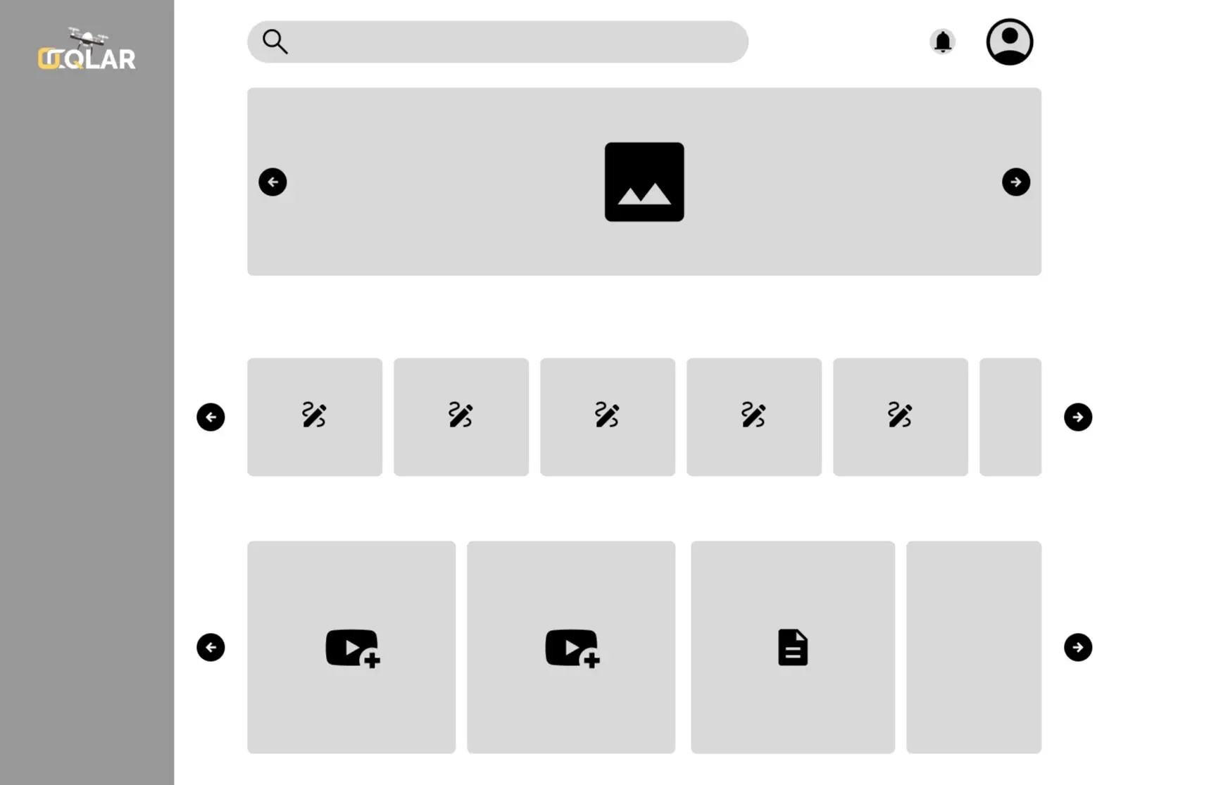Low-fidelity wireframe of the dashboard, with arrows to scroll each row