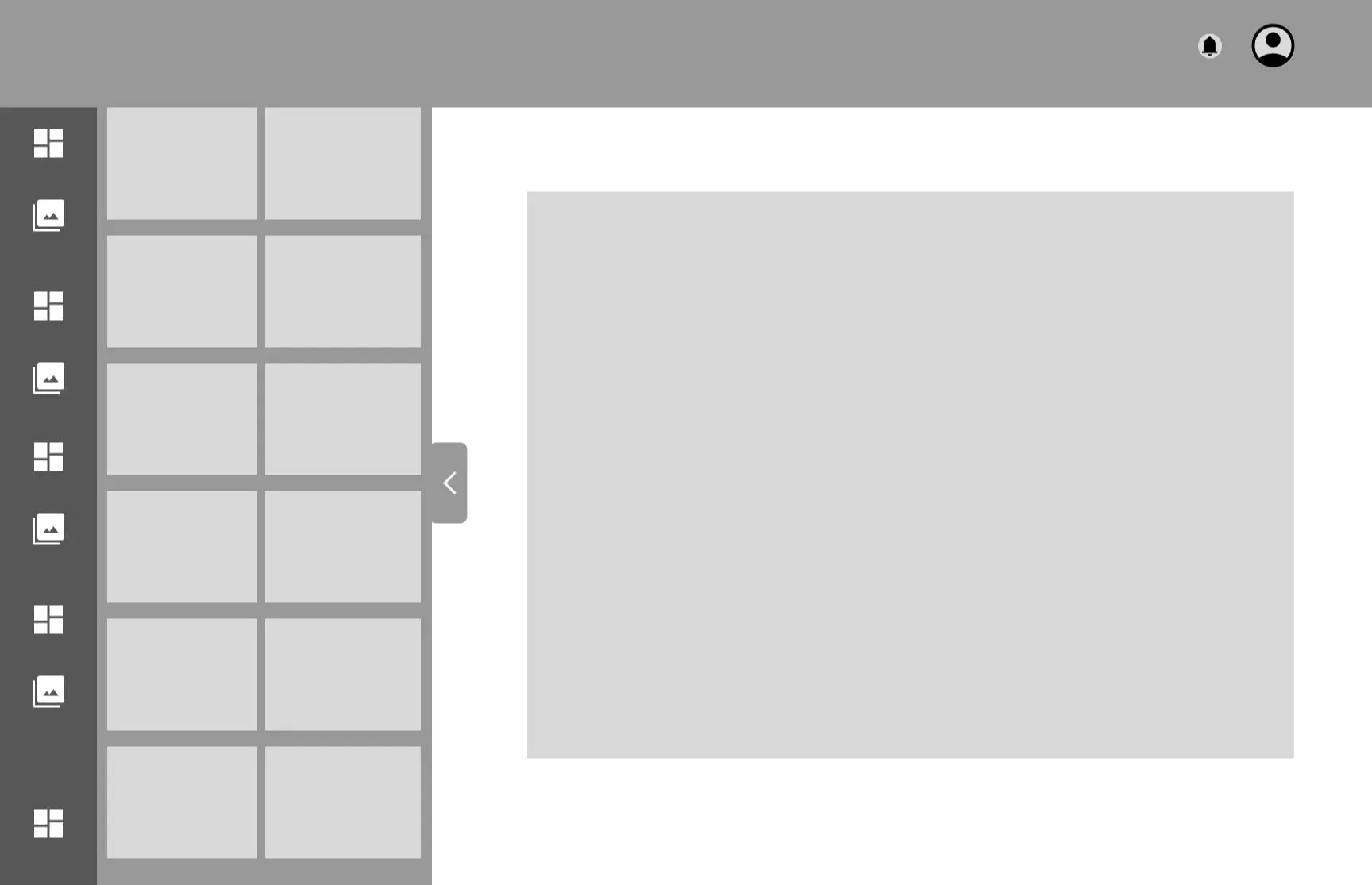 Low-fidelity wireframe of the editor: tool rail, asset panel and canvas