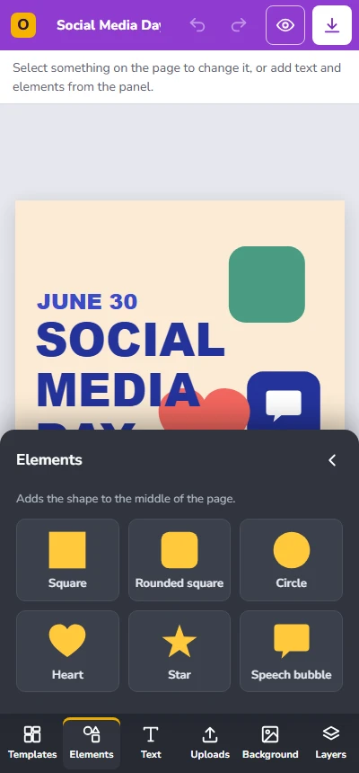 Elements panel open as a sheet over the canvas on a phone