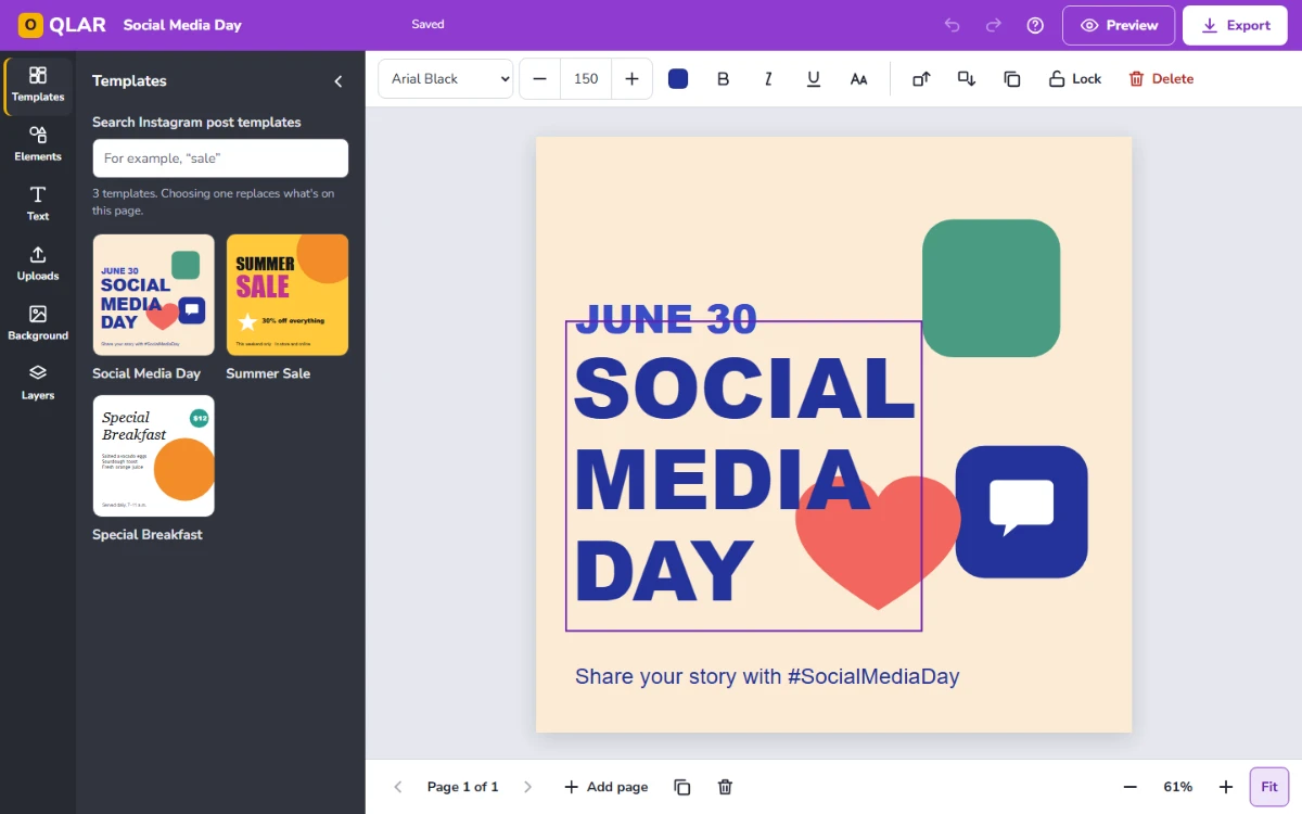 Rebuilt editor with the headline selected: font, size, color and style tools in the toolbar, Preview and Export in the top bar