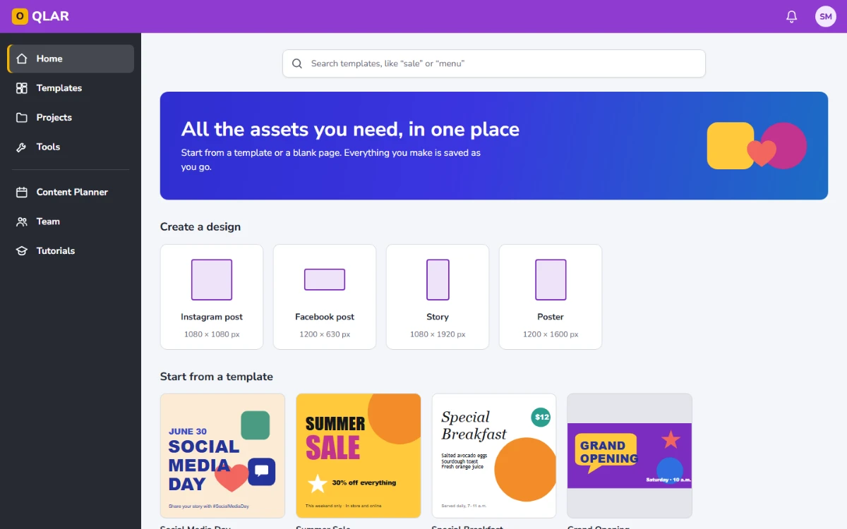 Rebuilt dashboard: template search, a banner reading All the assets you need, in one place, four design sizes and template thumbnails