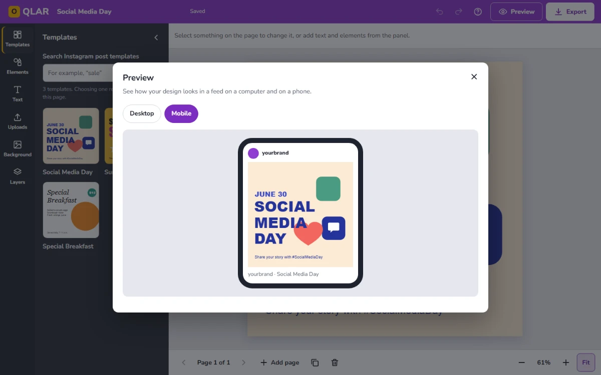Preview dialog showing the design as a post on a phone