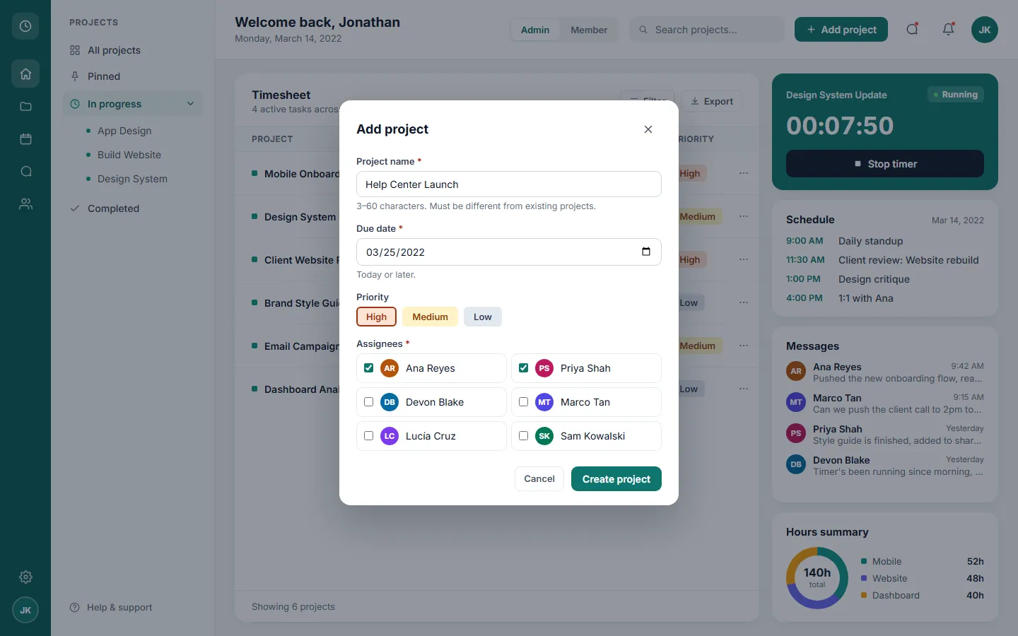 The Add project dialog with fields for project name, due date, priority and assignees