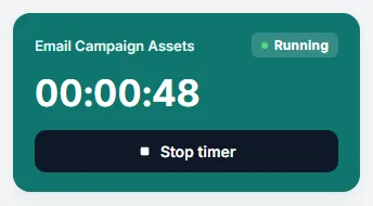 The Time tracking card in the Running state, showing 00:00:48 and a Stop timer button