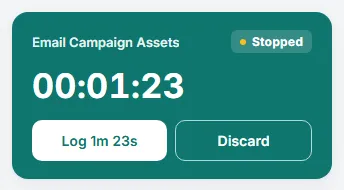 The Time tracking card in the Stopped state, showing 00:01:23 with Log 1m 23s and Discard buttons