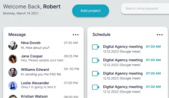 Early dashboard: header dated March 14 2021 next to a schedule of meetings dated 12.12.2022