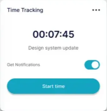 Early Time Tracking card: the clock shows 00:07:45 and the button says Start time